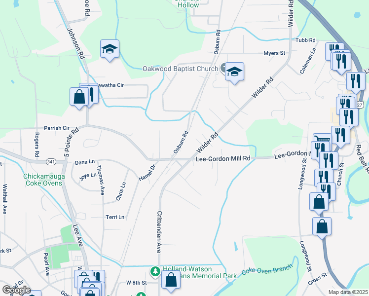 map of restaurants, bars, coffee shops, grocery stores, and more near 1747 Osburn Road in Chickamauga