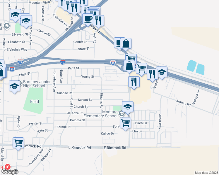 map of restaurants, bars, coffee shops, grocery stores, and more near 1817 Armory Road in Barstow