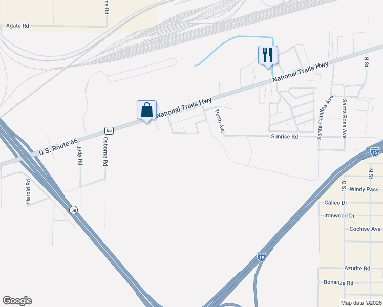 map of restaurants, bars, coffee shops, grocery stores, and more near 241 Plaimor Avenue in Barstow
