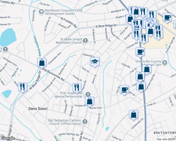 map of restaurants, bars, coffee shops, grocery stores, and more near 207 Perry Road in Greenville