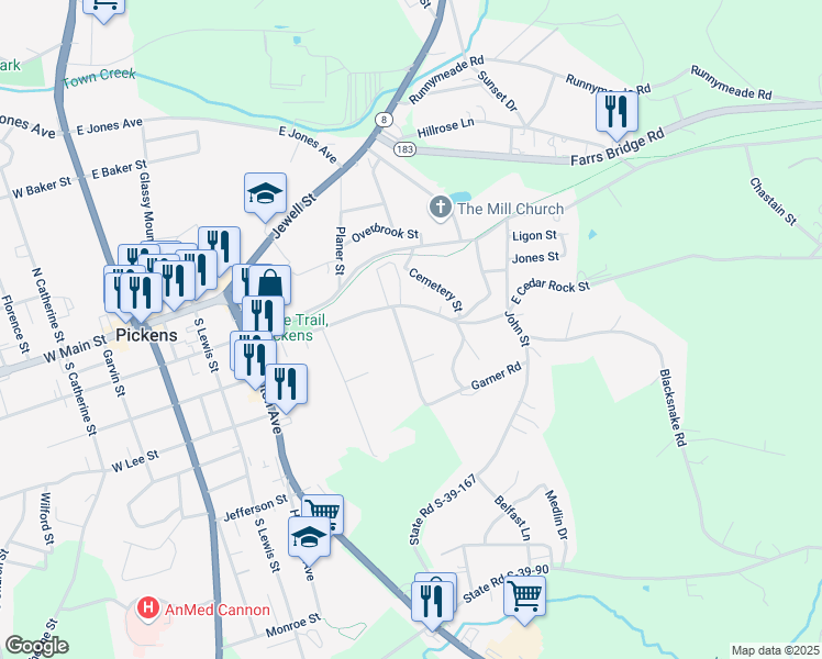map of restaurants, bars, coffee shops, grocery stores, and more near 616 East Cedar Rock Street in Pickens
