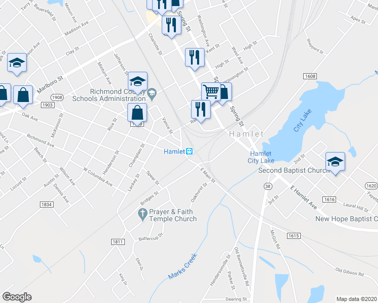 map of restaurants, bars, coffee shops, grocery stores, and more near 2 Main Street in Hamlet