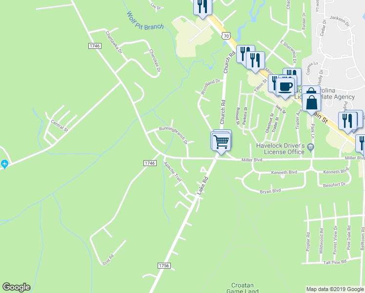map of restaurants, bars, coffee shops, grocery stores, and more near 5 Runningbranch Drive in Havelock