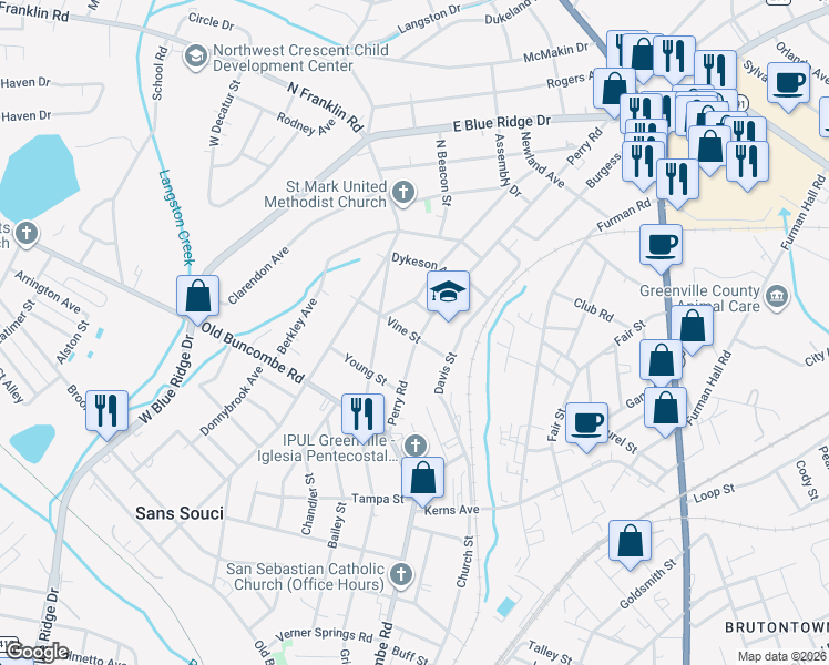 map of restaurants, bars, coffee shops, grocery stores, and more near 207 Perry Road in Greenville