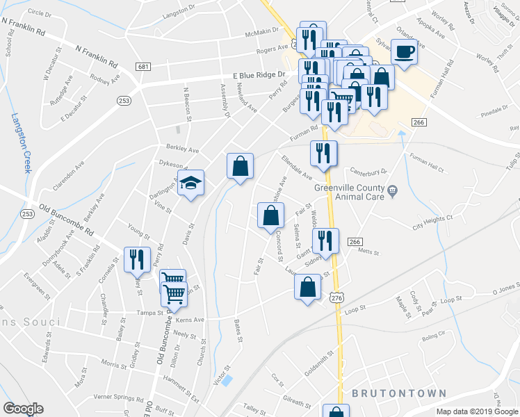 map of restaurants, bars, coffee shops, grocery stores, and more near 7 Starnes Street in Greenville