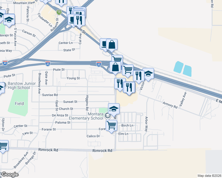 map of restaurants, bars, coffee shops, grocery stores, and more near 1928 Armory Road in Barstow