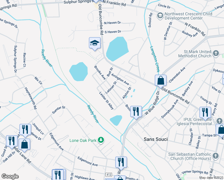 map of restaurants, bars, coffee shops, grocery stores, and more near 23 Brooks Avenue in Greenville