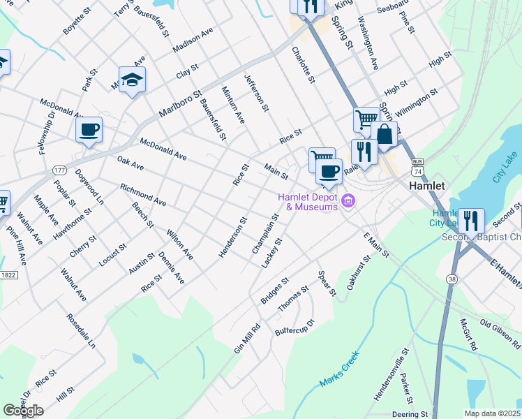 map of restaurants, bars, coffee shops, grocery stores, and more near 414 Champlain Street in Hamlet
