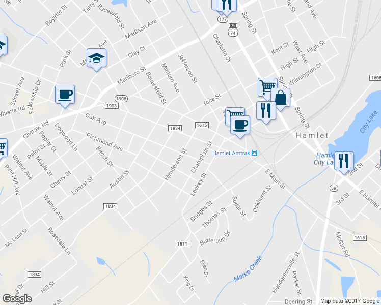 map of restaurants, bars, coffee shops, grocery stores, and more near 208 Oak Avenue in Hamlet