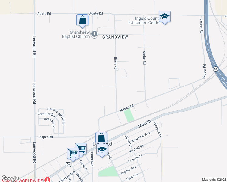 map of restaurants, bars, coffee shops, grocery stores, and more near 34817 Birch Road in Barstow