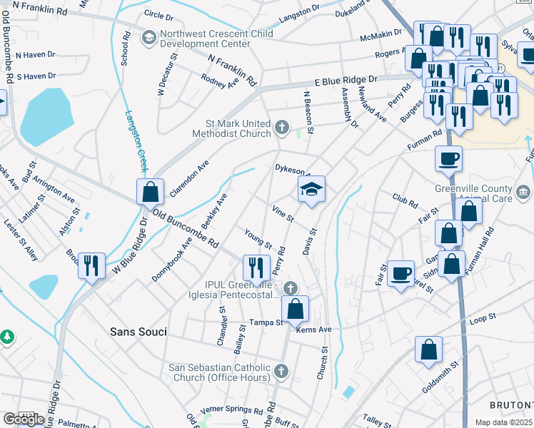 map of restaurants, bars, coffee shops, grocery stores, and more near 218 Vine Street in Greenville