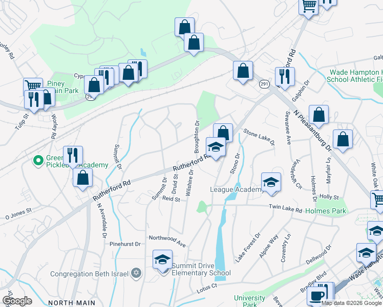 map of restaurants, bars, coffee shops, grocery stores, and more near 9 Broughton Drive in Greenville