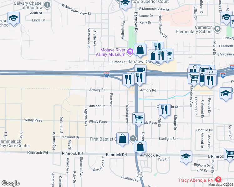 map of restaurants, bars, coffee shops, grocery stores, and more near 1010 Lotebush Lane in Barstow