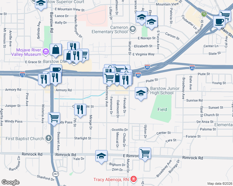 map of restaurants, bars, coffee shops, grocery stores, and more near 917 Cottonwood Drive in Barstow