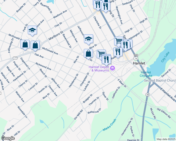 map of restaurants, bars, coffee shops, grocery stores, and more near 414 Champlain Street in Hamlet