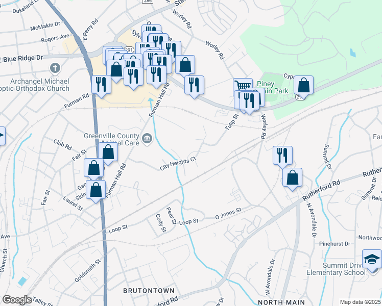map of restaurants, bars, coffee shops, grocery stores, and more near 17 City Heights Court in Greenville