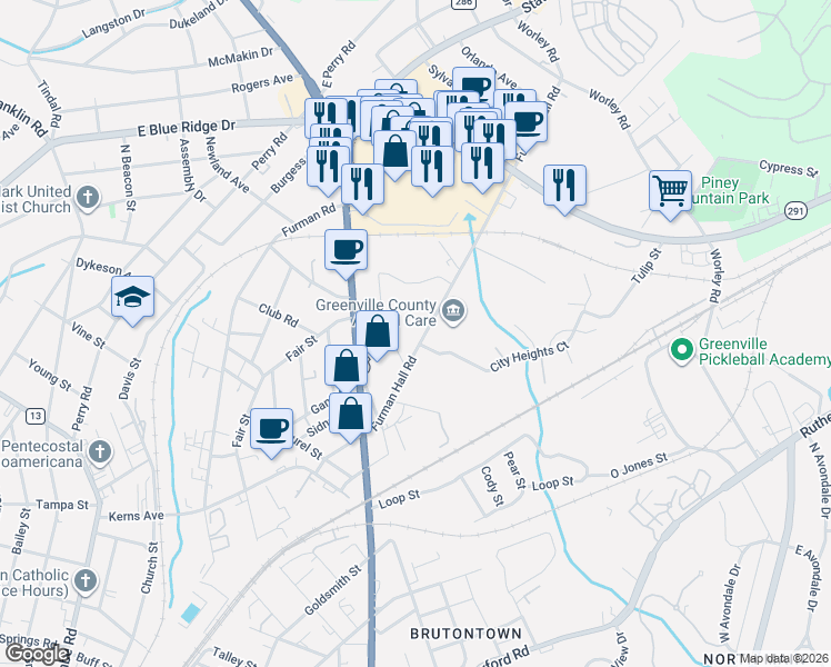 map of restaurants, bars, coffee shops, grocery stores, and more near 315 Furman Hall Road in Greenville