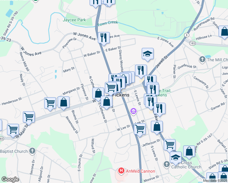 map of restaurants, bars, coffee shops, grocery stores, and more near 106 West Main Street in Pickens