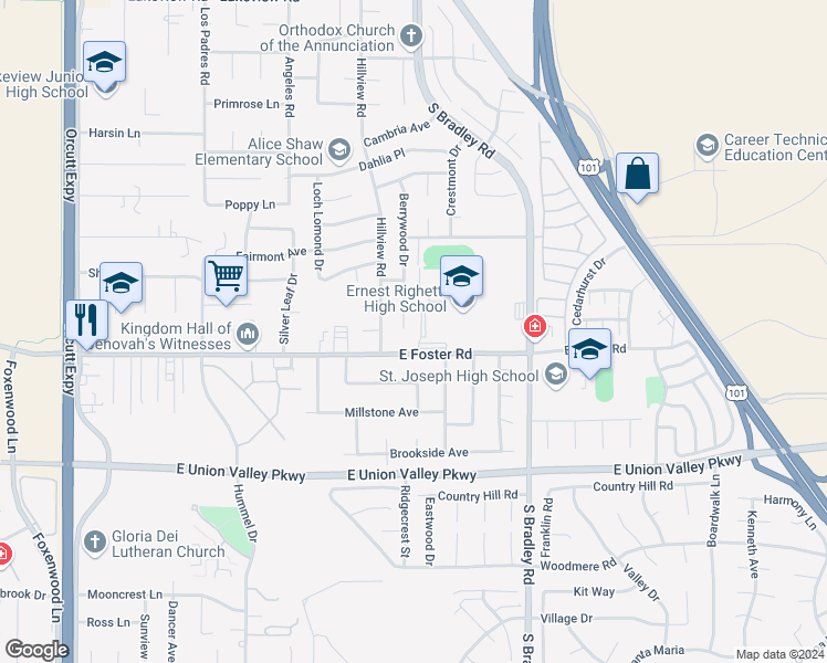 map of restaurants, bars, coffee shops, grocery stores, and more near 4068 Berrywood Drive in Santa Maria