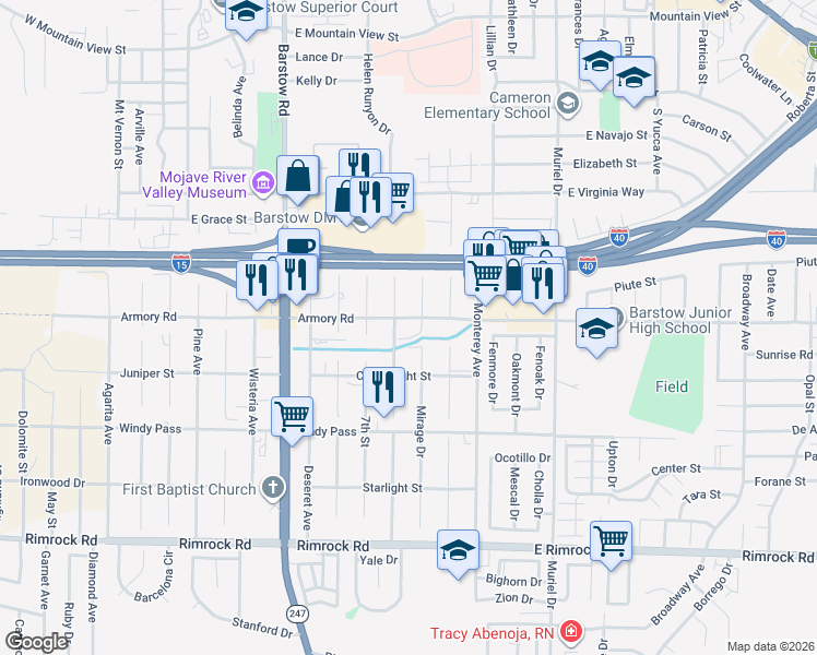 map of restaurants, bars, coffee shops, grocery stores, and more near 730 Armory Road in Barstow