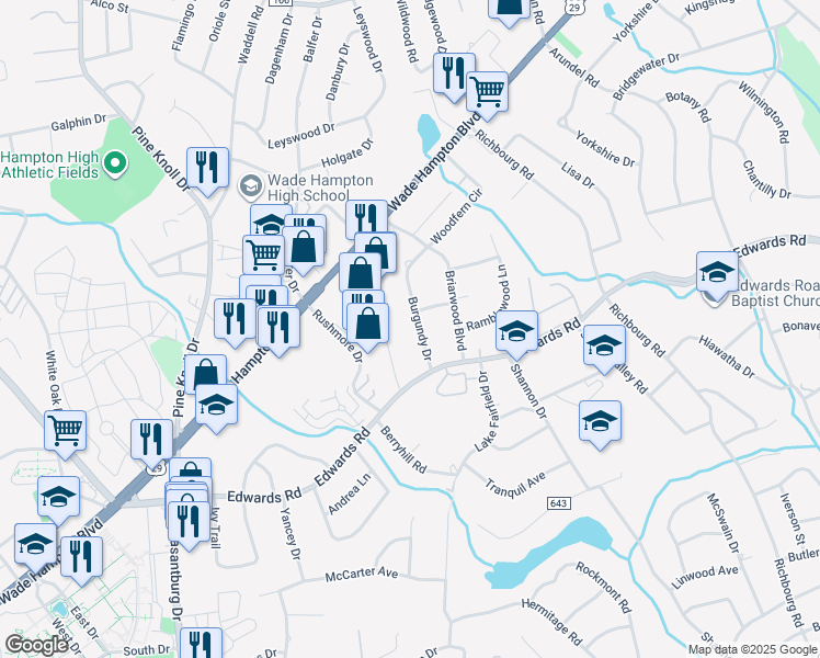 map of restaurants, bars, coffee shops, grocery stores, and more near 11 Burgundy Drive in Greenville