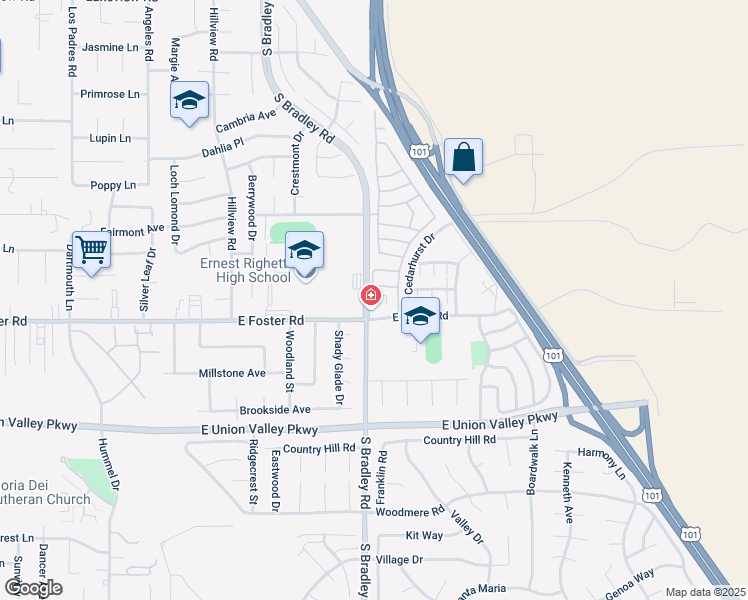 map of restaurants, bars, coffee shops, grocery stores, and more near 4034 South Bradley Road in Santa Maria