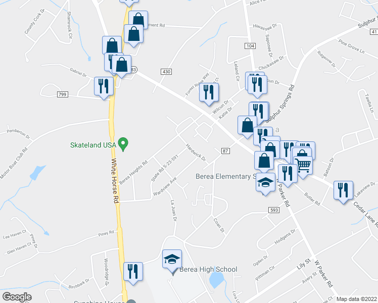 map of restaurants, bars, coffee shops, grocery stores, and more near 114 State Road S-23-591 in Greenville