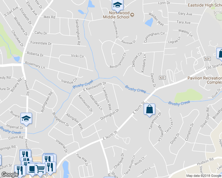 map of restaurants, bars, coffee shops, grocery stores, and more near 239 Donington Drive in Greenville