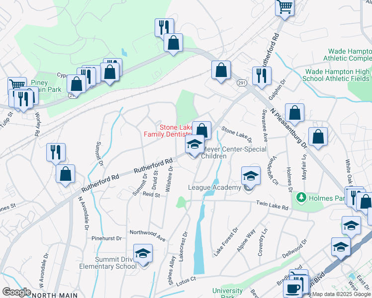 map of restaurants, bars, coffee shops, grocery stores, and more near 6 Broughton Drive in Greenville
