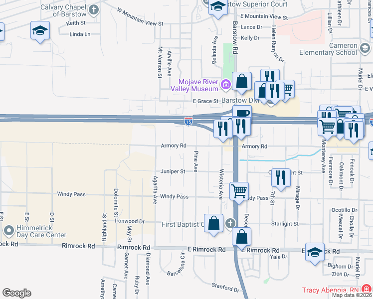 map of restaurants, bars, coffee shops, grocery stores, and more near 350 Armory Road in Barstow