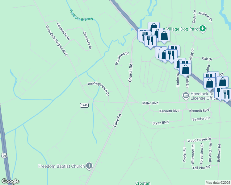 map of restaurants, bars, coffee shops, grocery stores, and more near 3 Raintree Way in Havelock