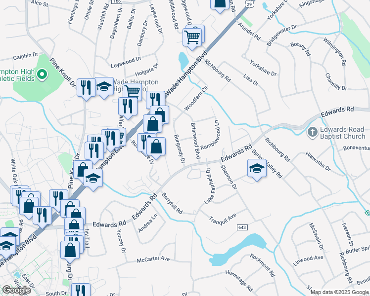 map of restaurants, bars, coffee shops, grocery stores, and more near 11 Burgundy Drive in Greenville