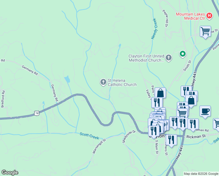 map of restaurants, bars, coffee shops, grocery stores, and more near 200 Meadow Stream Lane in Clayton