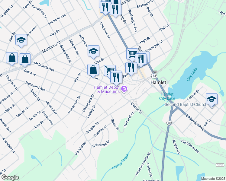 map of restaurants, bars, coffee shops, grocery stores, and more near 57 Main St in Hamlet