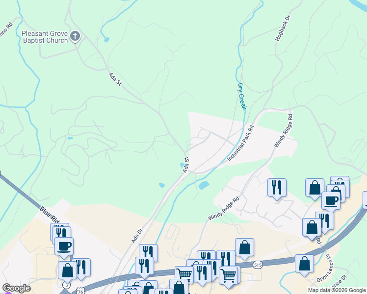 map of restaurants, bars, coffee shops, grocery stores, and more near 1230 Ada Street in Blue Ridge
