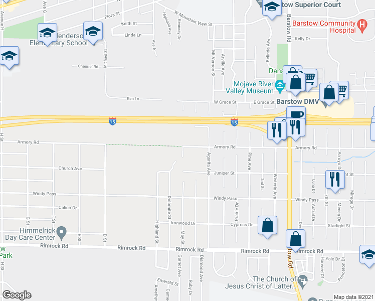 map of restaurants, bars, coffee shops, grocery stores, and more near 34883 May Street in Barstow