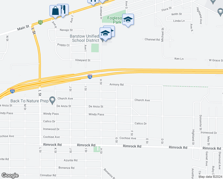 map of restaurants, bars, coffee shops, grocery stores, and more near 28160 Apache Avenue in Barstow