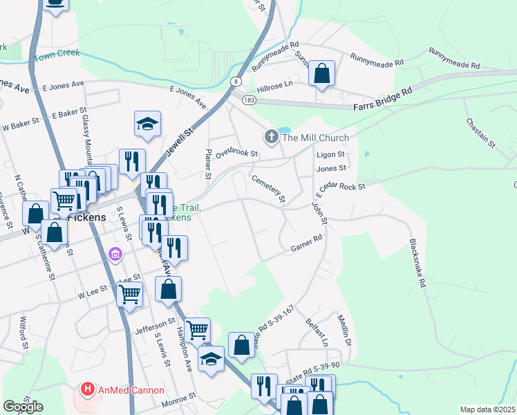 map of restaurants, bars, coffee shops, grocery stores, and more near 616 E Cedar Rock St in Pickens
