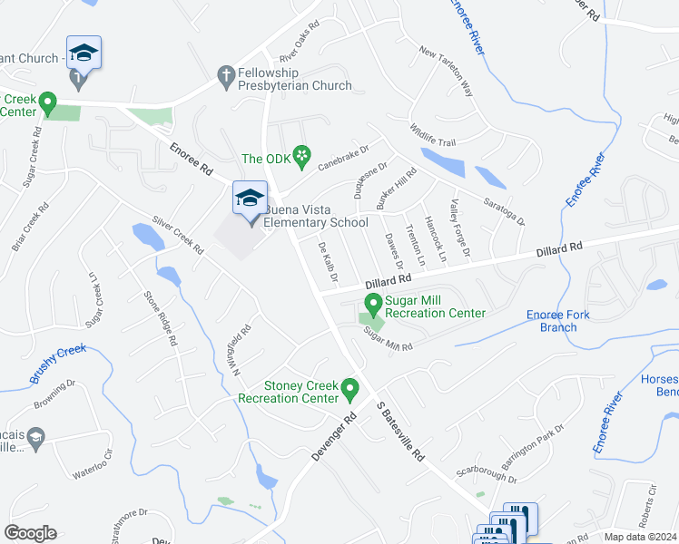 map of restaurants, bars, coffee shops, grocery stores, and more near 113 De Kalb Drive in Greer