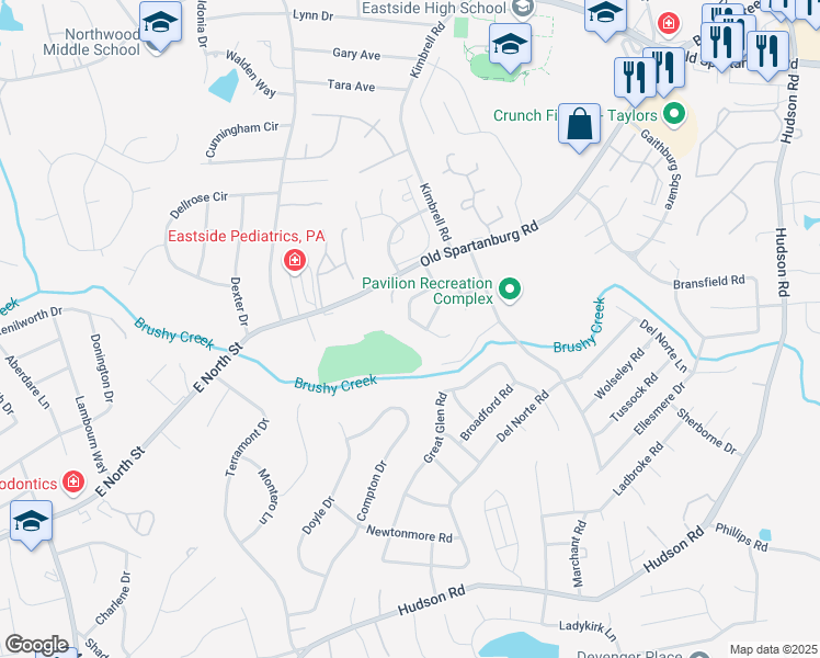 map of restaurants, bars, coffee shops, grocery stores, and more near 366 Devonwood Court in Taylors