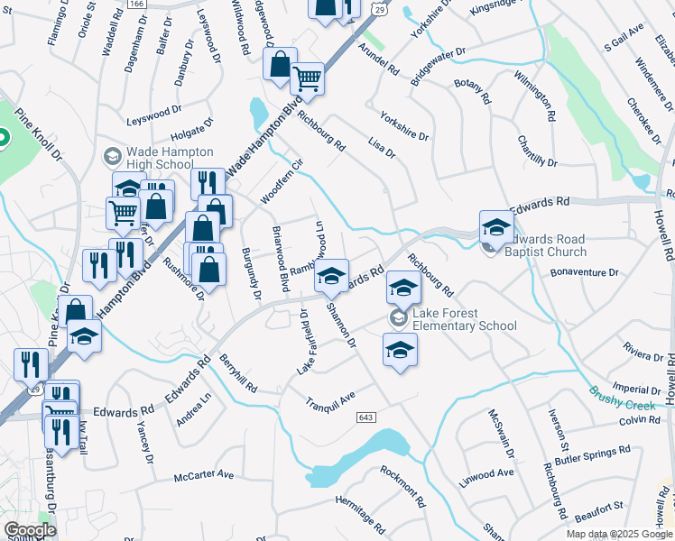 map of restaurants, bars, coffee shops, grocery stores, and more near 3819 Edwards Road in Taylors