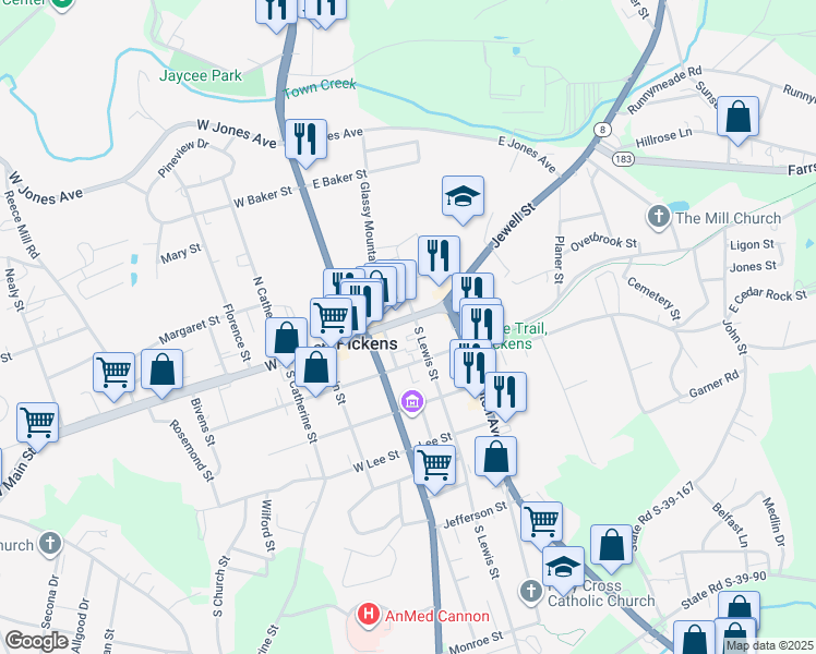 map of restaurants, bars, coffee shops, grocery stores, and more near 334 E Main St in Pickens