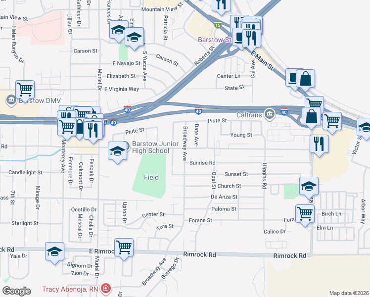 map of restaurants, bars, coffee shops, grocery stores, and more near Armory Road in Barstow