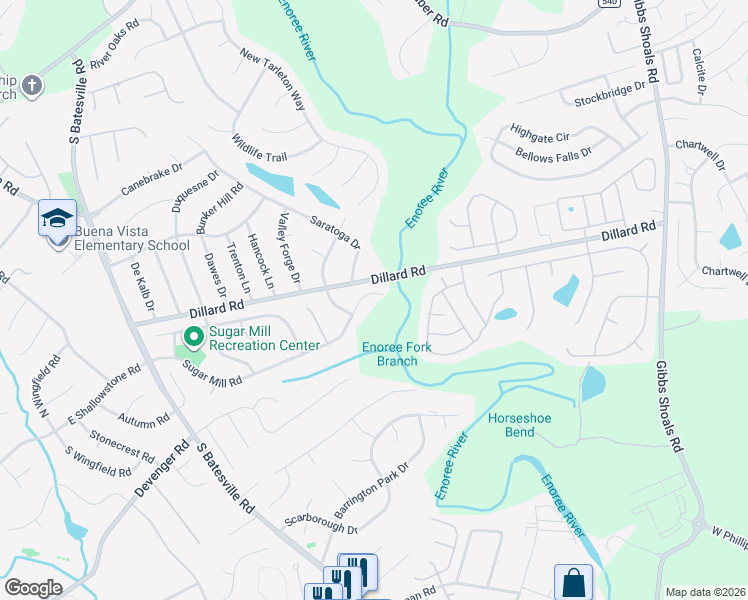 map of restaurants, bars, coffee shops, grocery stores, and more near 705 Sugar Mill Road in Greer