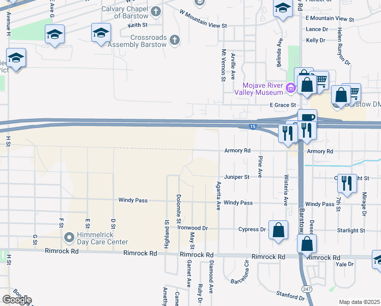 map of restaurants, bars, coffee shops, grocery stores, and more near 34883 May Street in Barstow
