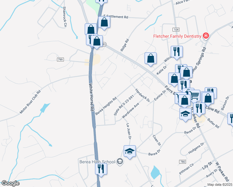 map of restaurants, bars, coffee shops, grocery stores, and more near 205 Berea Heights Road in Greenville