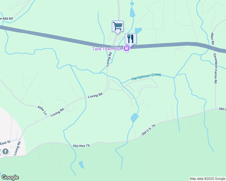 map of restaurants, bars, coffee shops, grocery stores, and more near Loving Road in Morganton