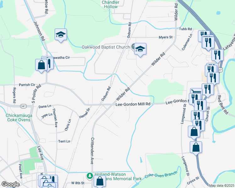 map of restaurants, bars, coffee shops, grocery stores, and more near 1747 Osburn Road in Chickamauga