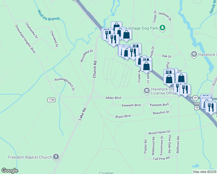 map of restaurants, bars, coffee shops, grocery stores, and more near 114 Patriot Court in Havelock