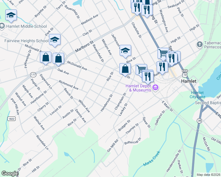 map of restaurants, bars, coffee shops, grocery stores, and more near 308 Oak Avenue in Hamlet